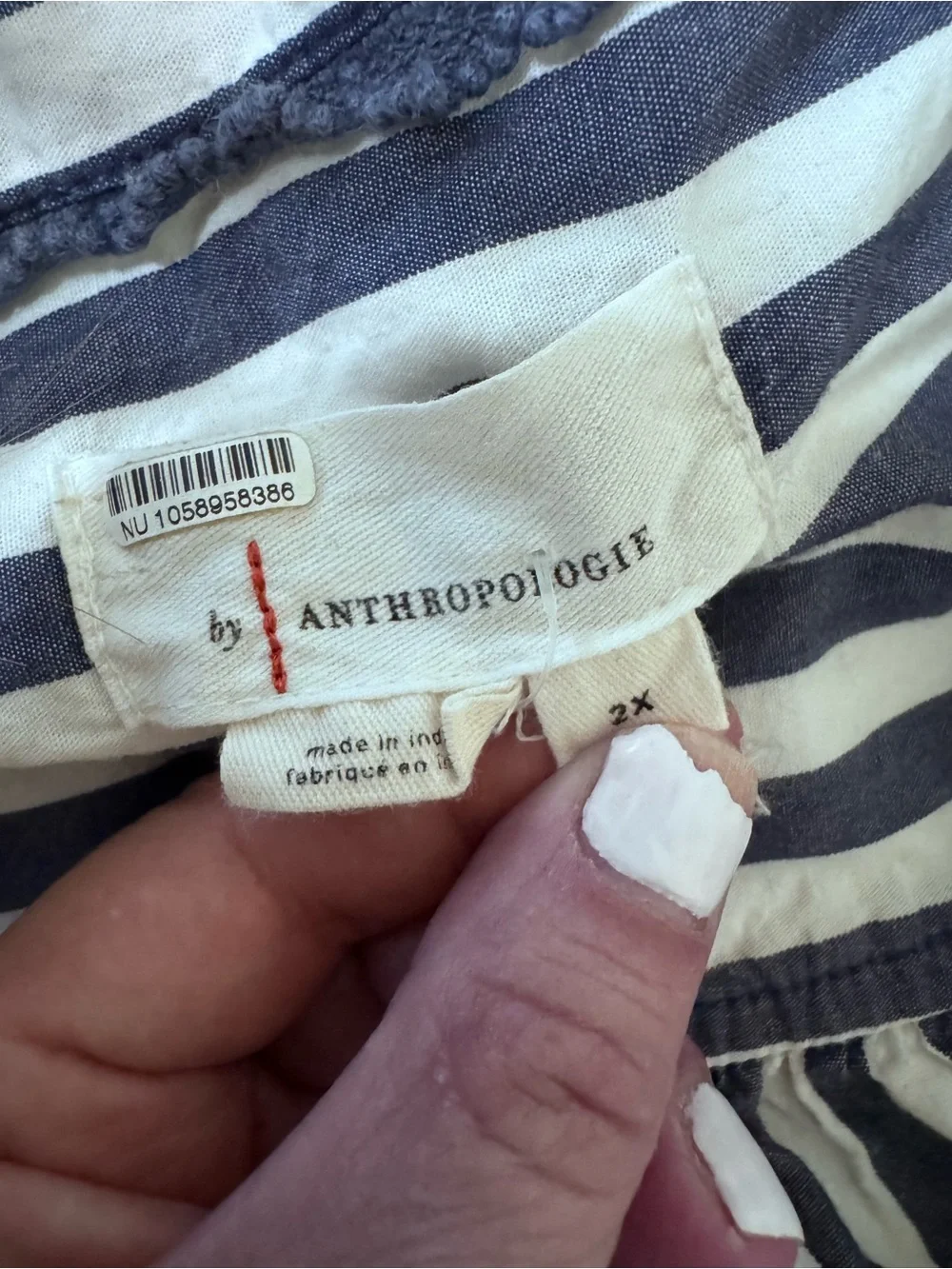 Anthropologie Navy & White Striped V-Neck Puff Sleeve Blouse